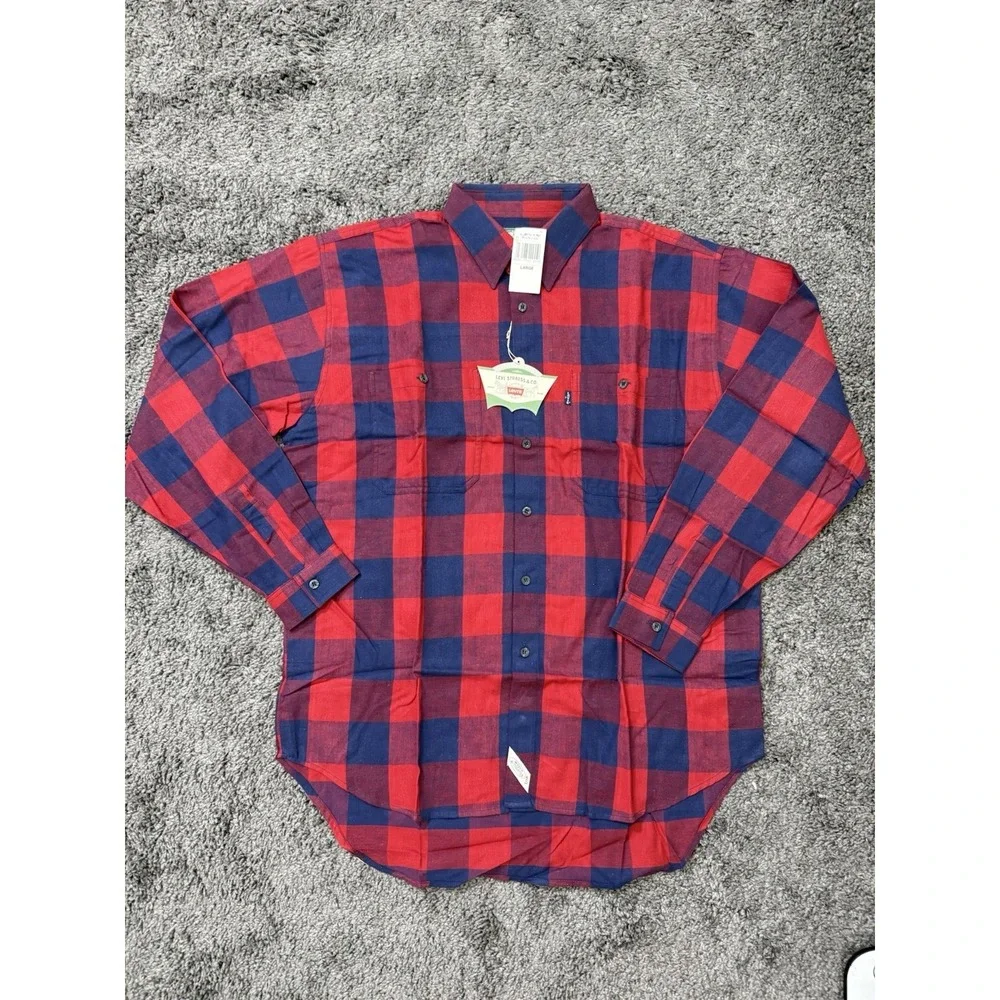 Levi's Flannel Buffalo Plaid Long Sleeve Button Up Men L Red Blue Outdoor Casual